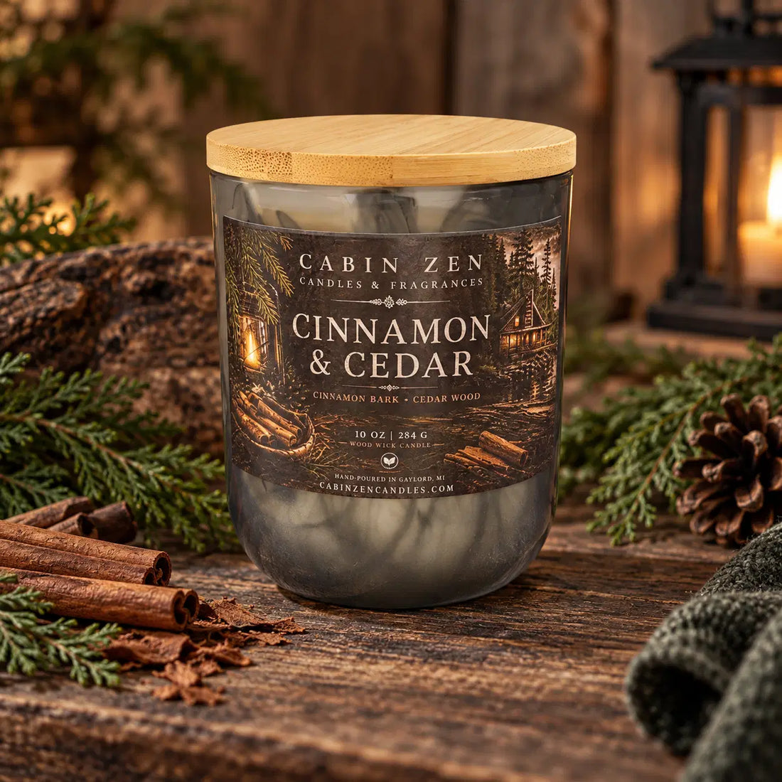 Cabin Zen Cinnamon & Cedar 10 oz wood wick candle in a glass jar with a bamboo lid, styled on rustic weathered wood with cinn